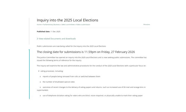 Consultation Closes 27 February 2026: “Inquiry into the 2025 Local Elections”